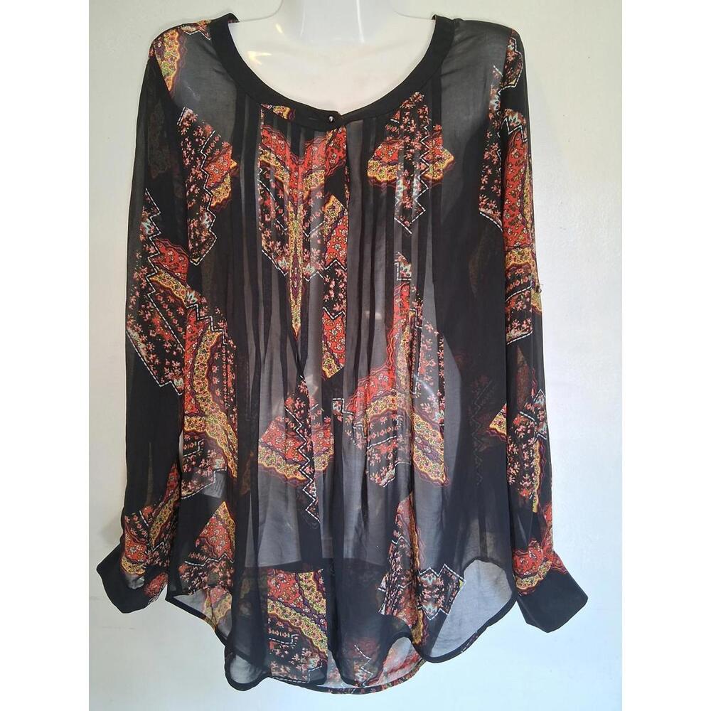 Daniel Rainn Women's Black Red Yellow Sheet Paisley Hi/Lo Tunic Blouse, M
